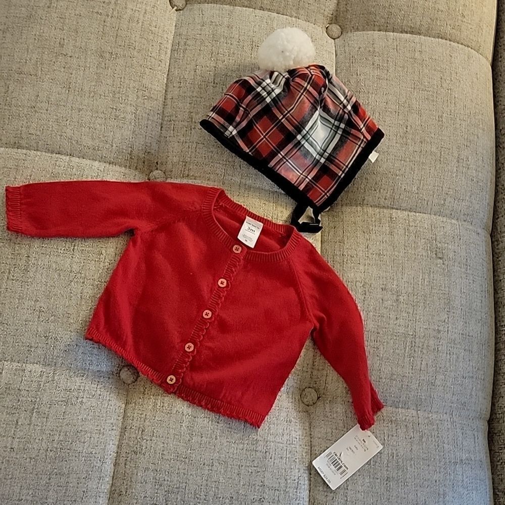 Bay red cardigan & winter hat bundle